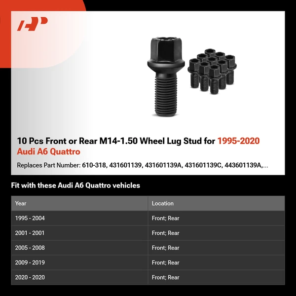 10 Pcs Front or Rear M14-1.50 Wheel Lug Stud for 1995-2020 Audi A6 Quattro