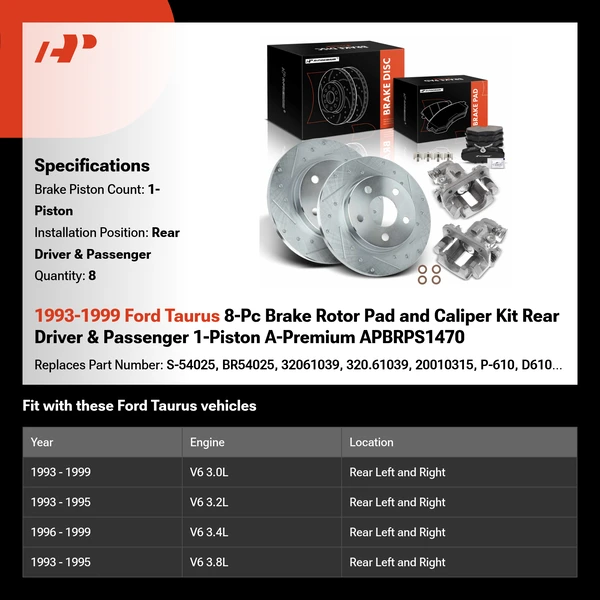 1993-1999 Ford Taurus 8-Pc Brake Rotor Pad and Caliper Kit Rear Driver & Passenger 1-Piston A-Premium APBRPS1470