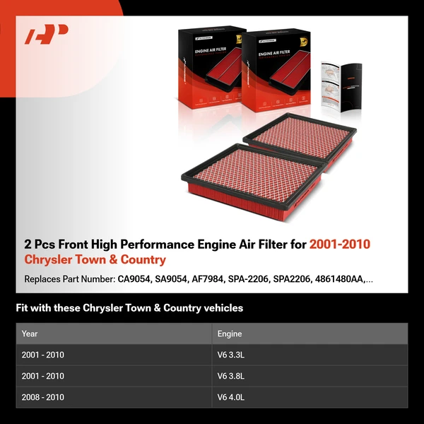 2 Pcs Front High Performance Engine Air Filter for 2001-2010 Chrysler Town & Country