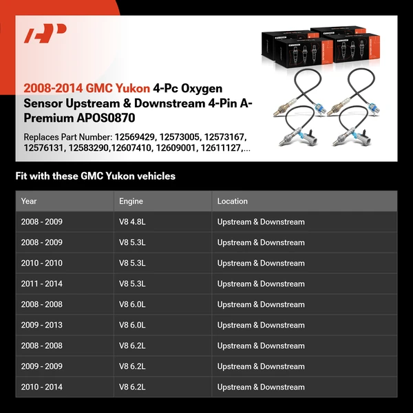 2008-2014 GMC Yukon 4-Pc Oxygen Sensor Upstream & Downstream 4-Pin A-Premium APOS0870