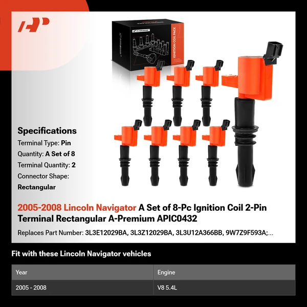 2005-2008 Lincoln Navigator A Set of 8-Pc Ignition Coil 2-Pin Terminal Rectangular A-Premium APIC0432