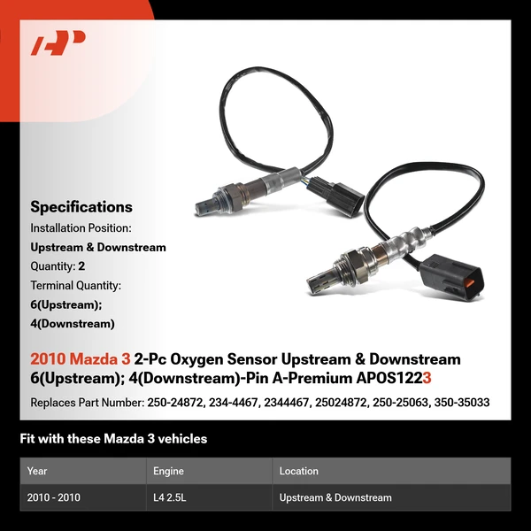 2010 Mazda 3 2-Pc Oxygen Sensor Upstream & Downstream 6(Upstream); 4(Downstream)-Pin A-Premium APOS1223