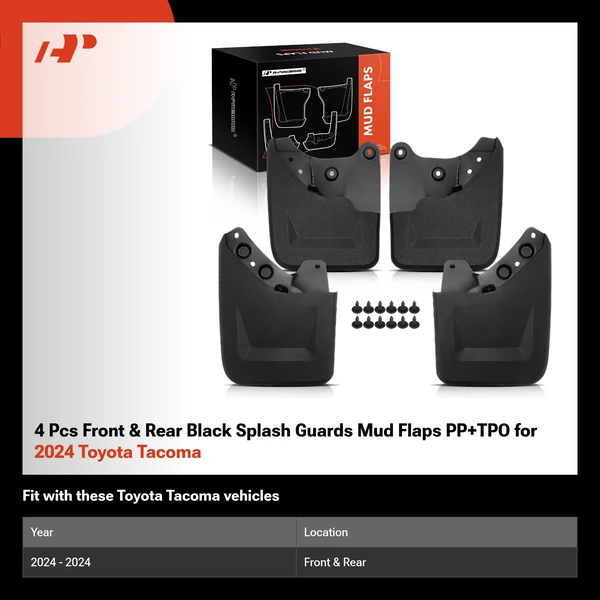 4 Pcs Front & Rear Black Splash Guards Mud Flaps PP+TPO for 2024 Toyota Tacoma