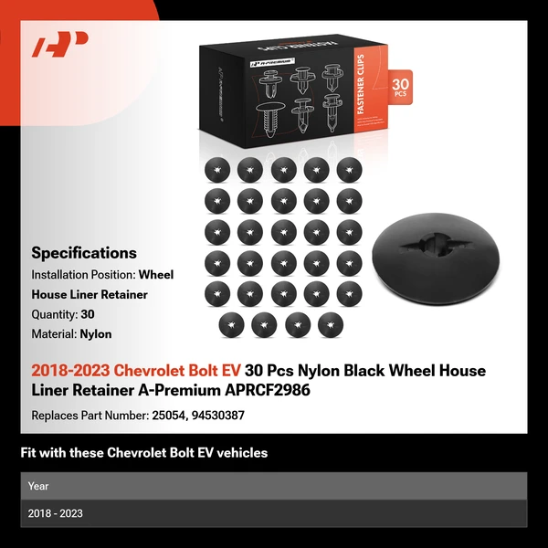2018-2023 Chevrolet Bolt EV 30 Pcs Nylon Black Wheel House Liner Retainer A-Premium APRCF2986