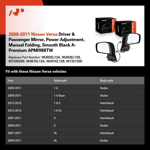 2008-2011 Nissan Versa Driver & Passenger Mirror, Power Adjustment, Manual Folding, Smooth Black A-Premium APMI988TW