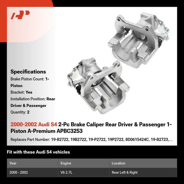 2000-2002 Audi S4 2-Pc Brake Caliper Rear Driver & Passenger 1-Piston A-Premium APBC3253
