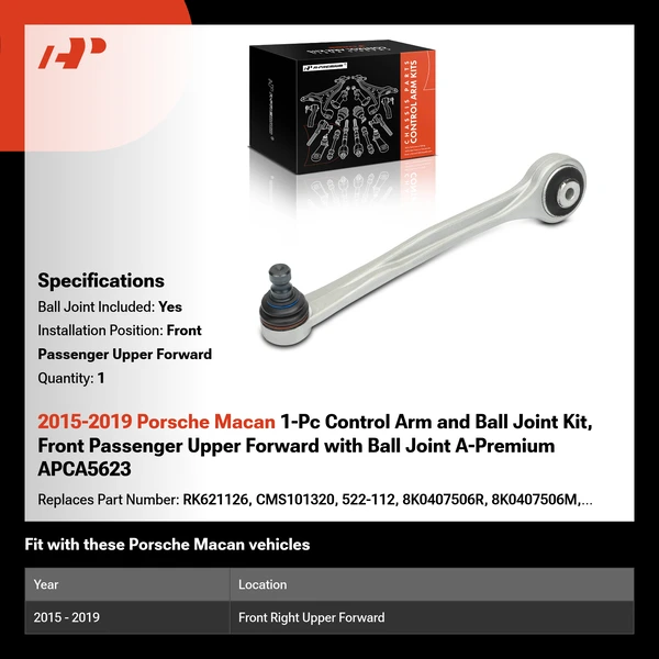 2015-2019 Porsche Macan 1-Pc Control Arm and Ball Joint Kit, Front Passenger Upper Forward with Ball Joint A-Premium APCA5623