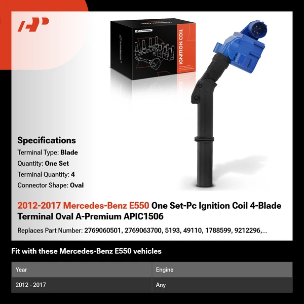 2012-2017 Mercedes-Benz E550 One Set-Pc Ignition Coil 4-Blade Terminal Oval A-Premium APIC1506