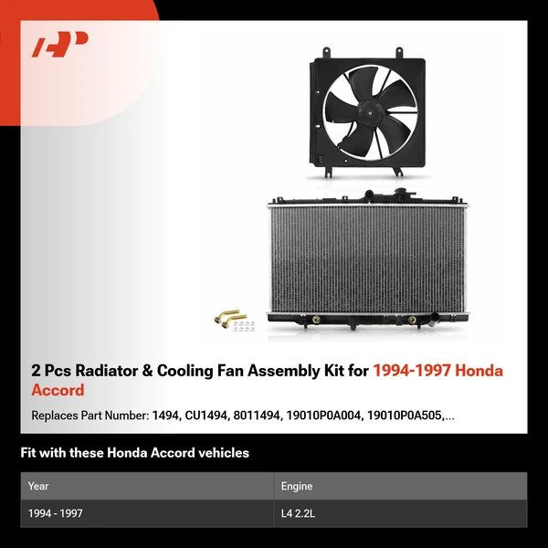 2 Pcs Radiator & Cooling Fan Assembly Kit for 1994-1997 Honda Accord