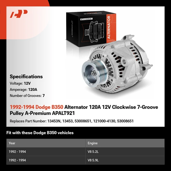 1992-1994 Dodge B350 Alternator 120A 12V Clockwise 7-Groove Pulley A-Premium APALT921
