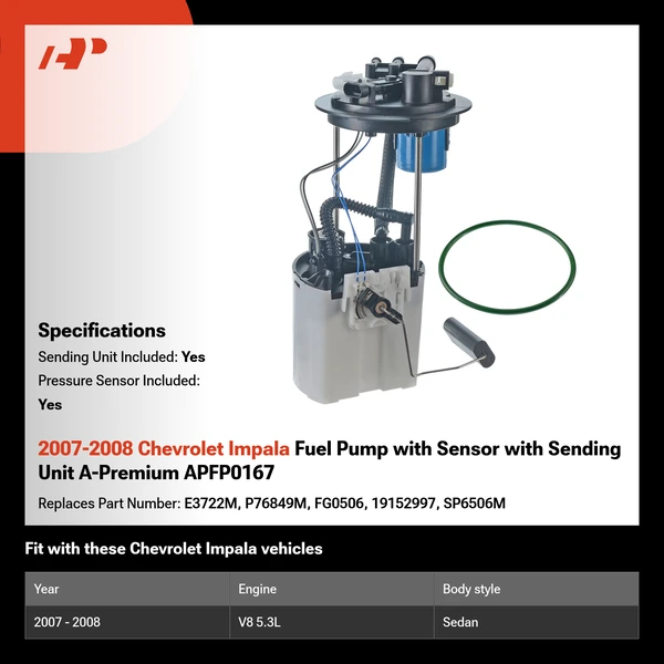 2007-2008 Chevrolet Impala Fuel Pump with Sensor with Sending Unit A-Premium APFP0167
