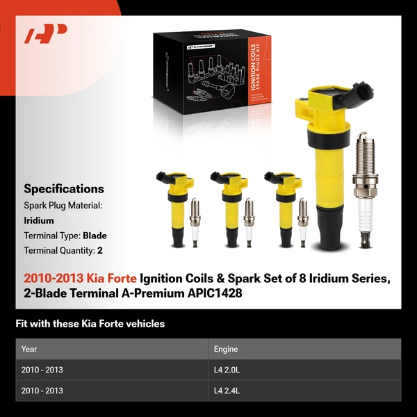 2010-2013 Kia Forte Ignition Coils & Spark Set of 8 Iridium Series, 2-Blade Terminal A-Premium APIC1428