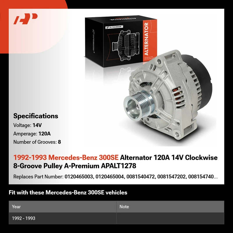 1992-1993 Mercedes-Benz 300SE Alternator 120A 14V Clockwise 8-Groove Pulley A-Premium APALT1278