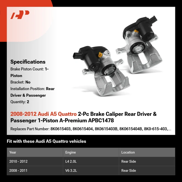 2008-2012 Audi A5 Quattro 2-Pc Brake Caliper Rear Driver & Passenger 1-Piston A-Premium APBC1478