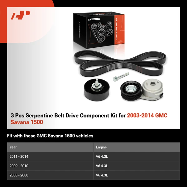 3 Pcs Serpentine Belt Drive Component Kit for 2003-2014 GMC Savana 1500