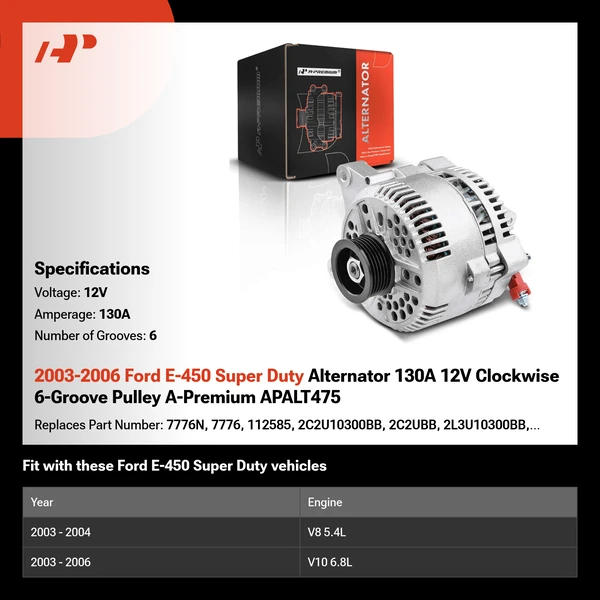 2003-2006 Ford E-450 Super Duty Alternator 130A 12V Clockwise 6-Groove Pulley A-Premium APALT475