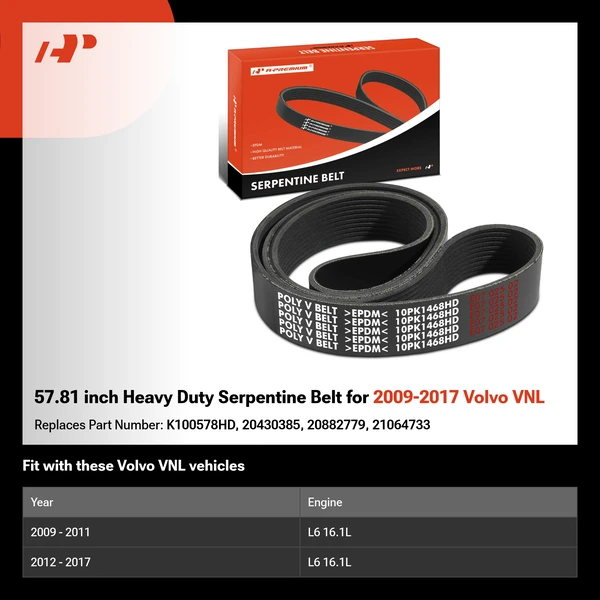 57.81 inch Heavy Duty Serpentine Belt for 2009-2017 Volvo VNL