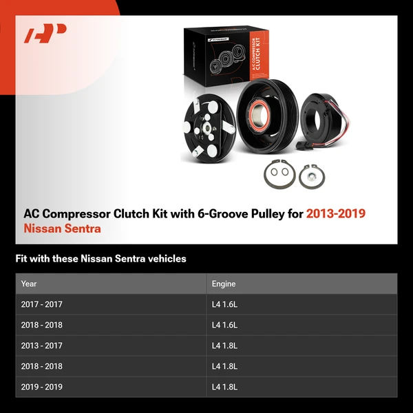 AC Compressor Clutch Kit with 6-Groove Pulley for 2013-2019 Nissan Sentra