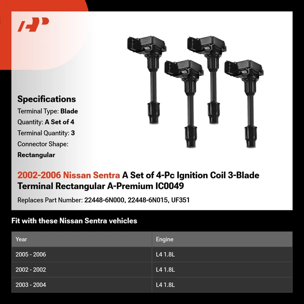 2002-2006 Nissan Sentra A Set of 4-Pc Ignition Coil 3-Blade Terminal Rectangular A-Premium IC0049