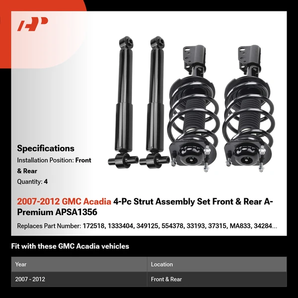 2007-2012 GMC Acadia 4-Pc Strut Assembly Set Front & Rear A-Premium APSA1356