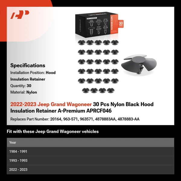 2022-2023 Jeep Grand Wagoneer 30 Pcs Nylon Black Hood Insulation Retainer A-Premium APRCF046
