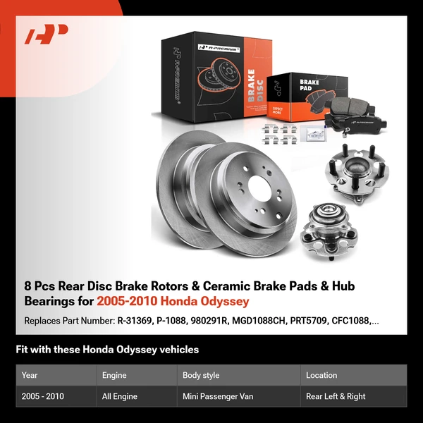 8 Pcs Rear Disc Brake Rotors & Ceramic Brake Pads & Hub Bearings for 2005-2010 Honda Odyssey