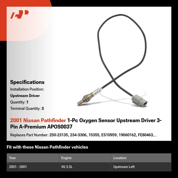 2001 Nissan Pathfinder 1-Pc Oxygen Sensor Upstream Driver 3-Pin A-Premium APOS0037