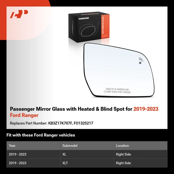 Passenger Mirror Glass with Heated & Blind Spot for 2019-2023 Ford Ranger