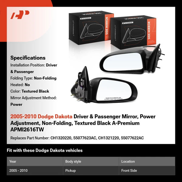 2005-2010 Dodge Dakota Driver & Passenger Mirror, Power Adjustment, Non-Folding, Textured Black A-Premium APMI2616TW