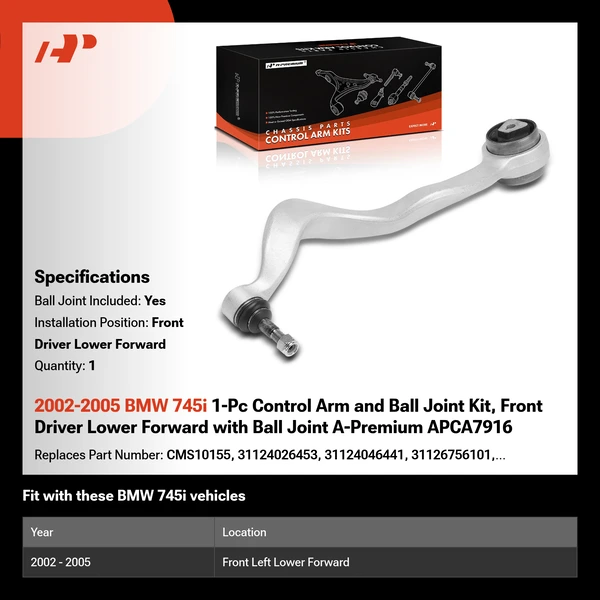 2002-2005 BMW 745i 1-Pc Control Arm and Ball Joint Kit, Front Driver Lower Forward with Ball Joint A-Premium APCA7916