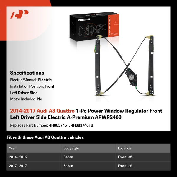 2014-2017 Audi A8 Quattro 1-Pc Power Window Regulator Front Left Driver Side Electric A-Premium APWR2460
