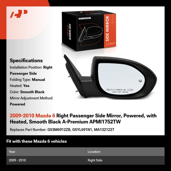 2009-2010 Mazda 6 Right Passenger Side Mirror, Powered, with Heated, Smooth Black A-Premium APMI1752TW