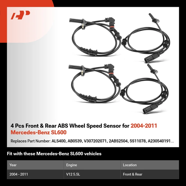 4 Pcs Front & Rear ABS Wheel Speed Sensor for 2004-2011 Mercedes-Benz SL600
