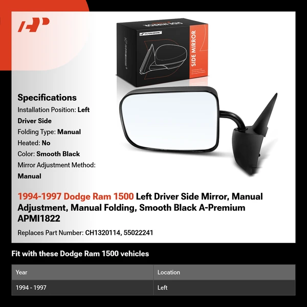 1994-1997 Dodge Ram 1500 Left Driver Side Mirror, Manual Adjustment, Manual Folding, Smooth Black A-Premium APMI1822