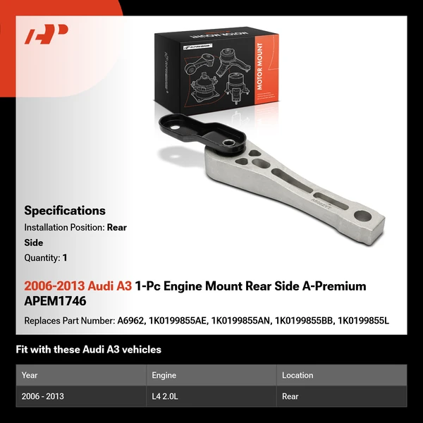 2006-2013 Audi A3 1-Pc Engine Mount Rear Side A-Premium APEM1746