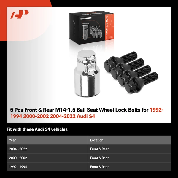 5 Pcs Front & Rear M14-1.5 Ball Seat Wheel Lock Bolts for 1992-1994 2000-2002 2004-2022 Audi S4