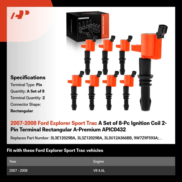 2007-2008 Ford Explorer Sport Trac A Set of 8-Pc Ignition Coil 2-Pin Terminal Rectangular A-Premium APIC0432