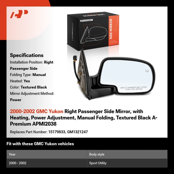 2000-2002 GMC Yukon Right Passenger Side Mirror, with Heating, Power Adjustment, Manual Folding, Textured Black A-Premium APMI2038