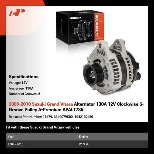2009-2010 Suzuki Grand Vitara Alternator 130A 12V Clockwise 6-Groove Pulley A-Premium APALT786