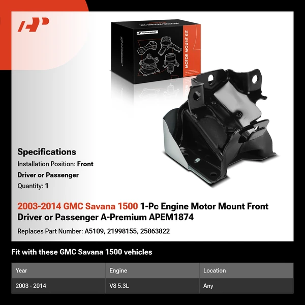 2003-2014 GMC Savana 1500 1-Pc Engine Motor Mount Front Driver or Passenger A-Premium APEM1874