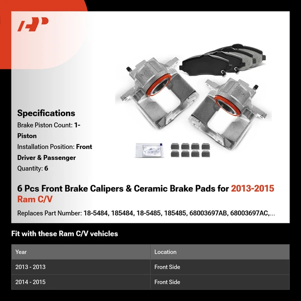 6 Pcs Front Brake Calipers & Ceramic Brake Pads for 2013-2015 Ram C/V