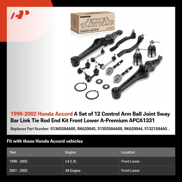 1998-2002 Honda Accord A Set of 12 Control Arm Ball Joint Sway Bar Link Tie Rod End Kit Front Lower A-Premium APCA1331