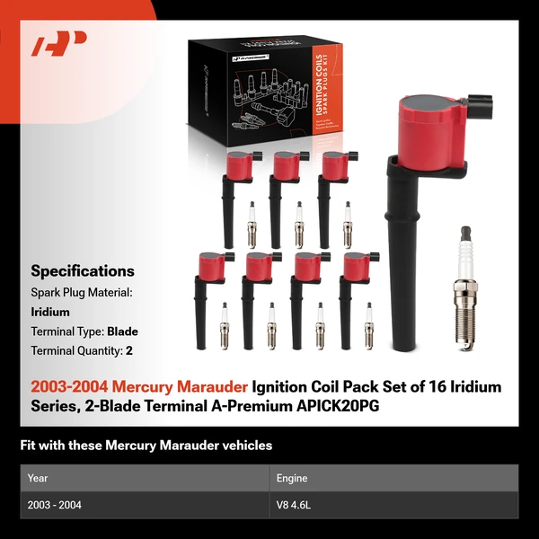2003-2004 Mercury Marauder Ignition Coil Pack Set of 16 Iridium Series, 2-Blade Terminal A-Premium APICK20PG