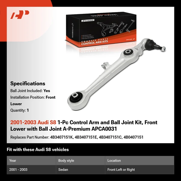 2001-2003 Audi S8 1-Pc Control Arm and Ball Joint Kit, Front Lower with Ball Joint A-Premium APCA0031