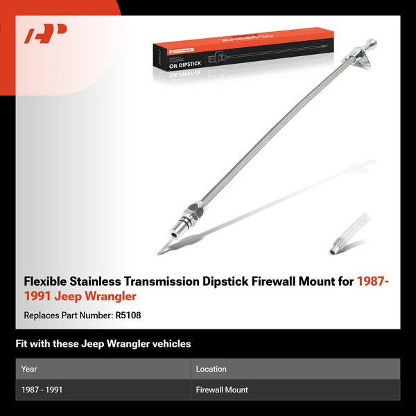 Flexible Stainless Transmission Dipstick Firewall Mount for 1987-1991 Jeep Wrangler