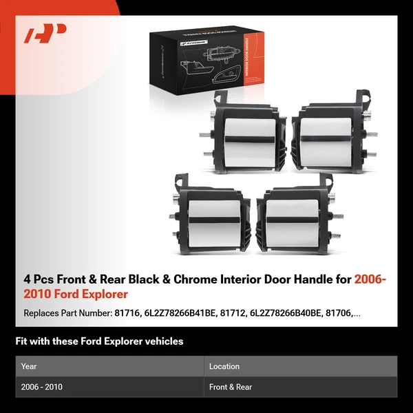 4 Pcs Front & Rear Black & Chrome Interior Door Handle for 2006-2010 Ford Explorer