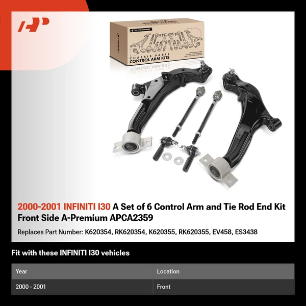 2000-2001 INFINITI I30 A Set of 6 Control Arm and Tie Rod End Kit Front Side A-Premium APCA2359