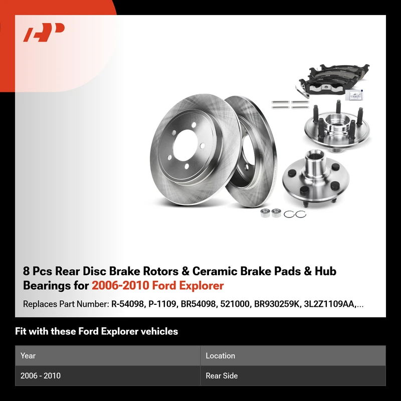 8 Pcs Rear Disc Brake Rotors & Ceramic Brake Pads & Hub Bearings for 2006-2010 Ford Explorer