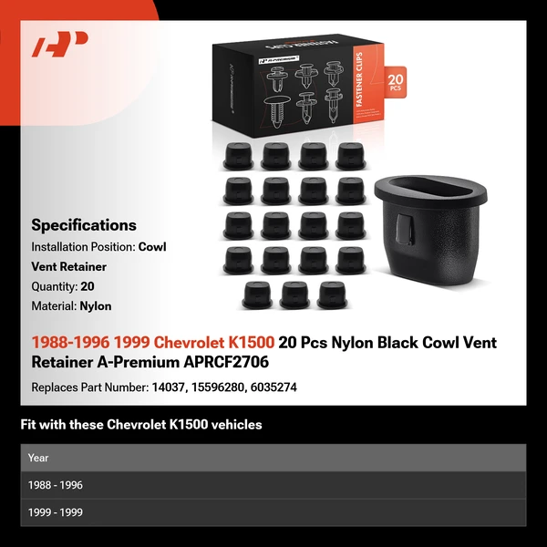 1988-1996 1999 Chevrolet K1500 20 Pcs Nylon Black Cowl Vent Retainer A-Premium APRCF2706