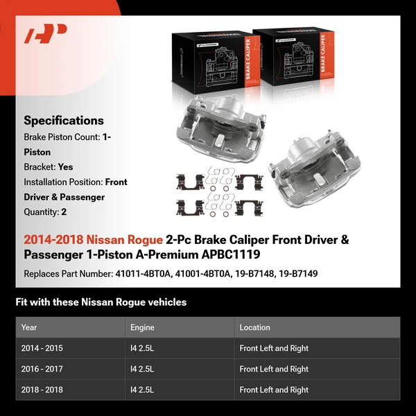 2014-2018 Nissan Rogue 2-Pc Brake Caliper Front Driver & Passenger 1-Piston A-Premium APBC1119